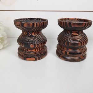 Vintage Versitron Ind. Hand Carved Wood Candle Holders Pair - Boho, Brutalist